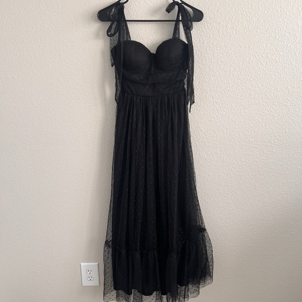 Women's Medium Black Lace Polka Dot Tulle Empire Waist Whimsigoth Tie Lined